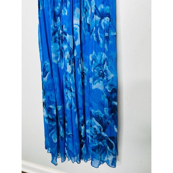 HALSTON Bright Blue Floral Chiffon V-Neck Criss-Cross Open Back Maxi Dress Size4 - Picture 11 of 14